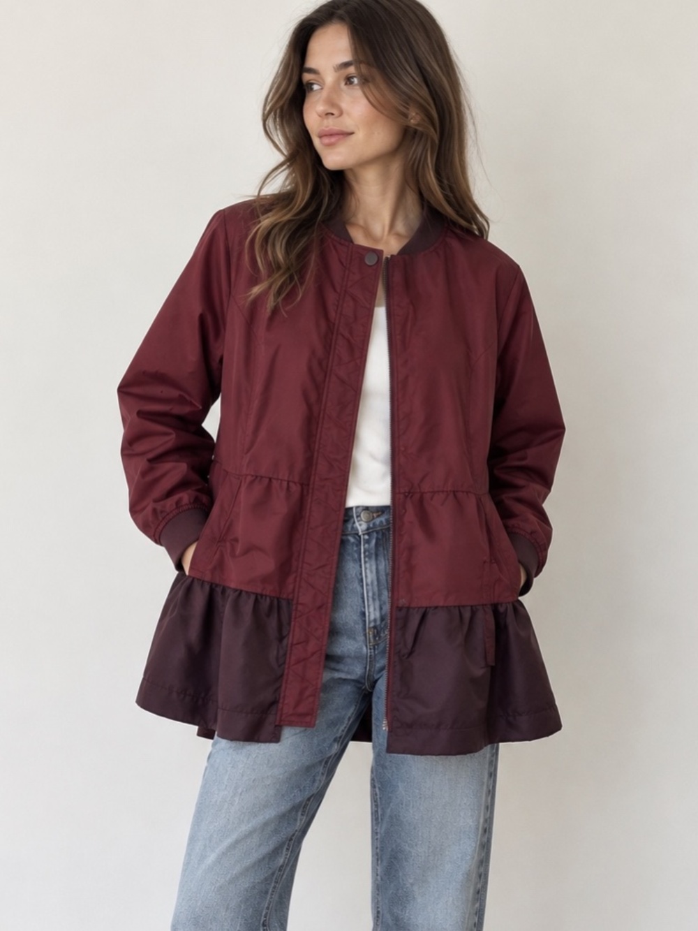 LOGO by Lori Goldstein Burgundy Tiered Ruffle Jacket Size S